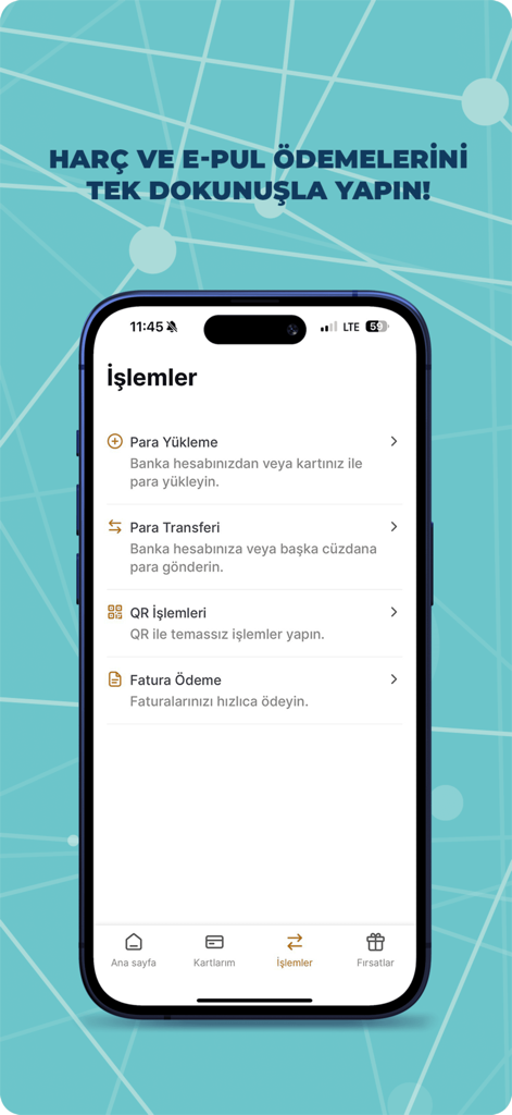 e-barobirlik - Transactions menu of the e-barobirlik app showing options for money transfer and bill payments