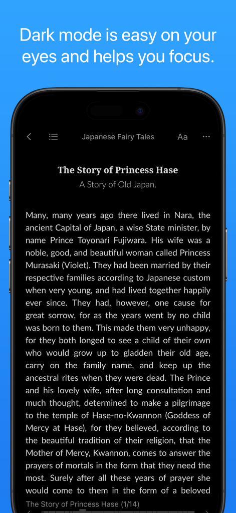 Yomu EBook Reader - Yomu EBook Reader-Oberfläche auf einem iPhone, die ein Buch im dunklen Modus für ein ablenkungsfreies Erlebnis anzeigt