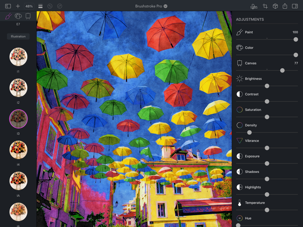 Brushstroke Pro for iPad - iPad interface for Brushstroke Pro app showing a colorful street umbrella photo transformed into a painting with professional adjustment sliders