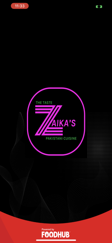 Zaika Bistro app splash screen featuring the restaurant logo and Pakistani cuisine text