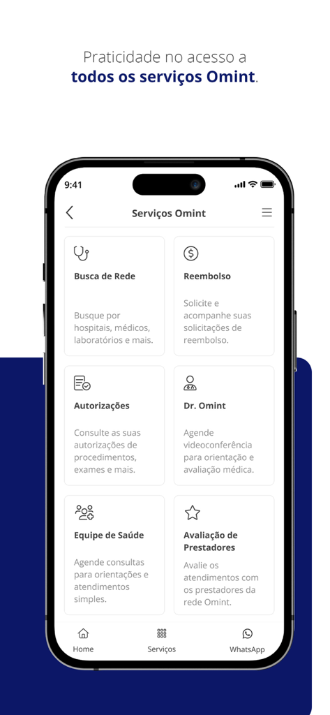 Painel do aplicativo Minha Omint mostrando opções de serviços de saúde, incluindo telemedicina e busca na rede credenciada