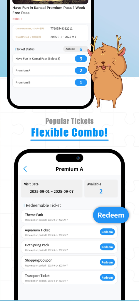 Travel Contents app interface displaying a flexible ticket combo for Kansai travels including aquarium and theme park redemptions