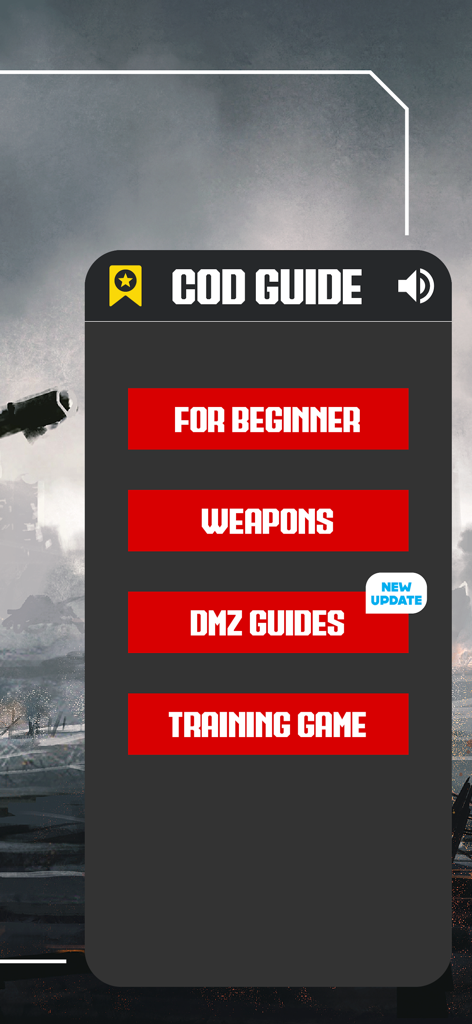 Main menu of the COD Guide app featuring navigation buttons for beginners weapons and training games