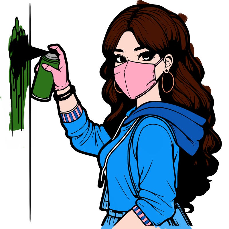 realistic girl with mask spray painting a wall