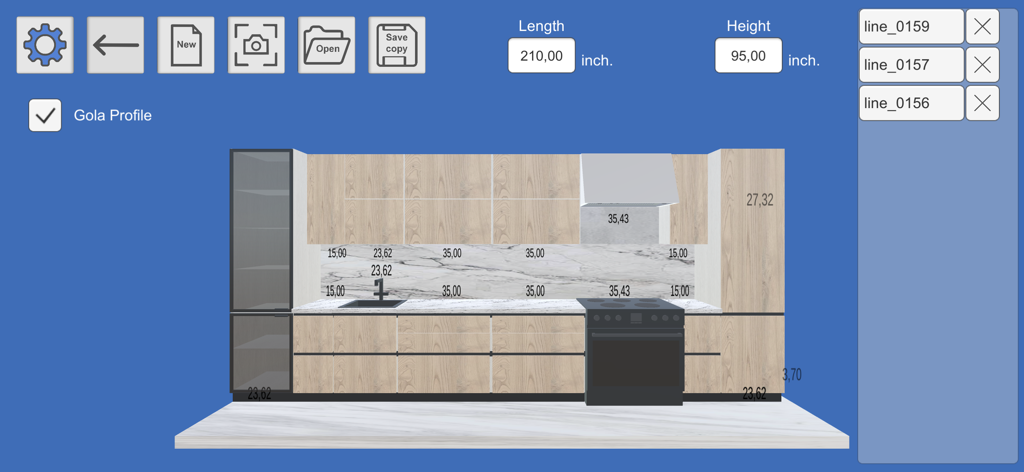 3D kitchen design interface with wood cabinets and measurement labels in inches