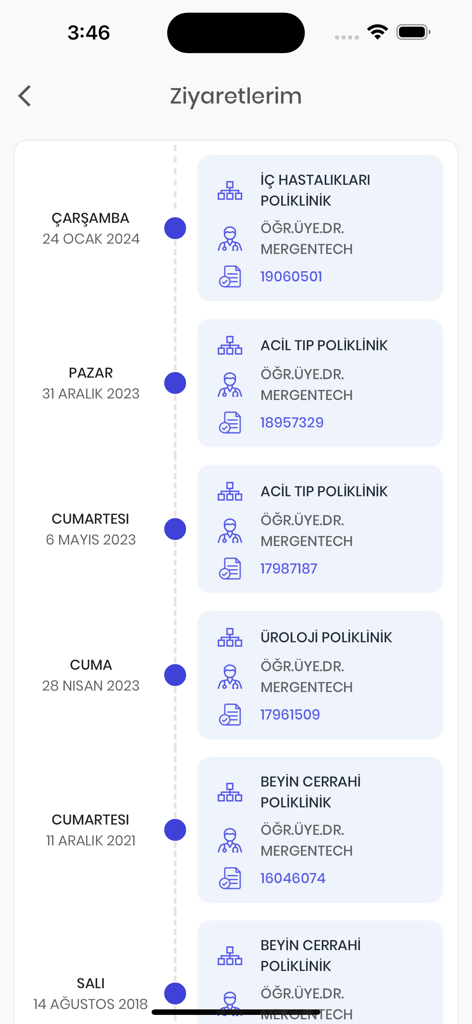 Cep Hastane - Timeline view of past medical visits and clinic appointments in the Cep Hastane app.