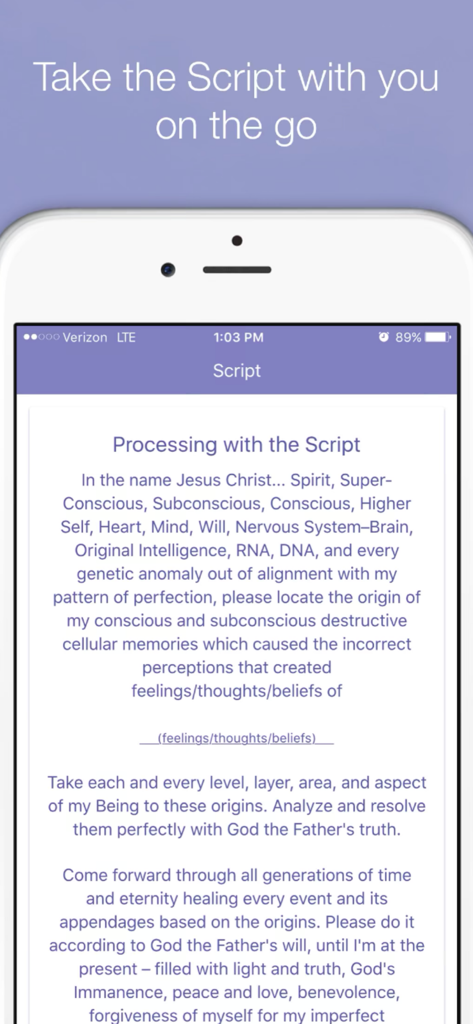 A mobile smartphone screen displaying the emotional healing script from the Feelings Buried Alive app.