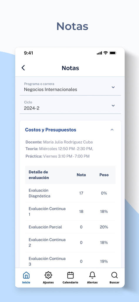 Científica Móvil - Interfaz de la aplicación Científica Móvil que muestra las calificaciones de los cursos universitarios y los pesos de evaluación académica.