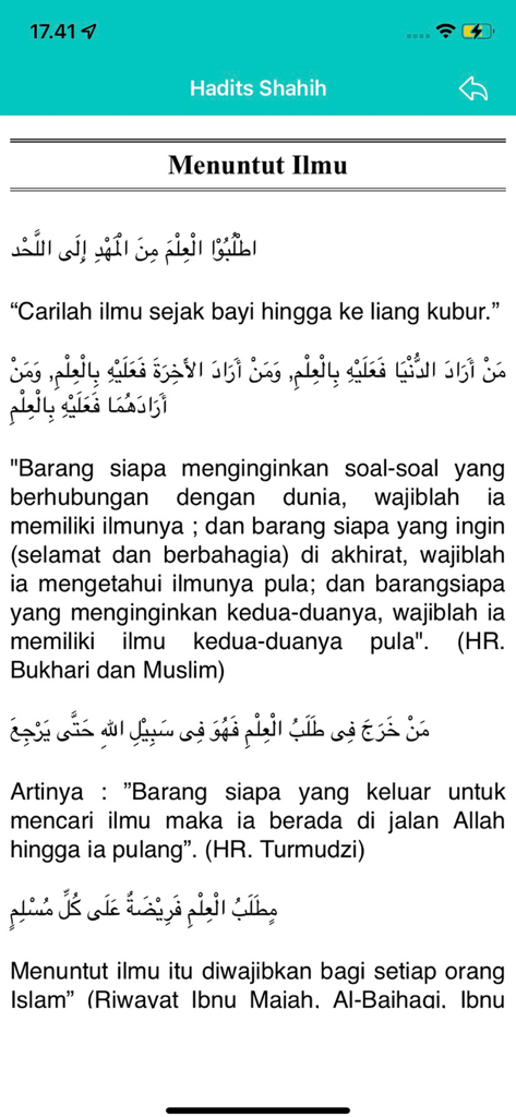 Hadist Shahih - Hadist Shahih app interface showing hadiths in Arabic and Indonesian translation