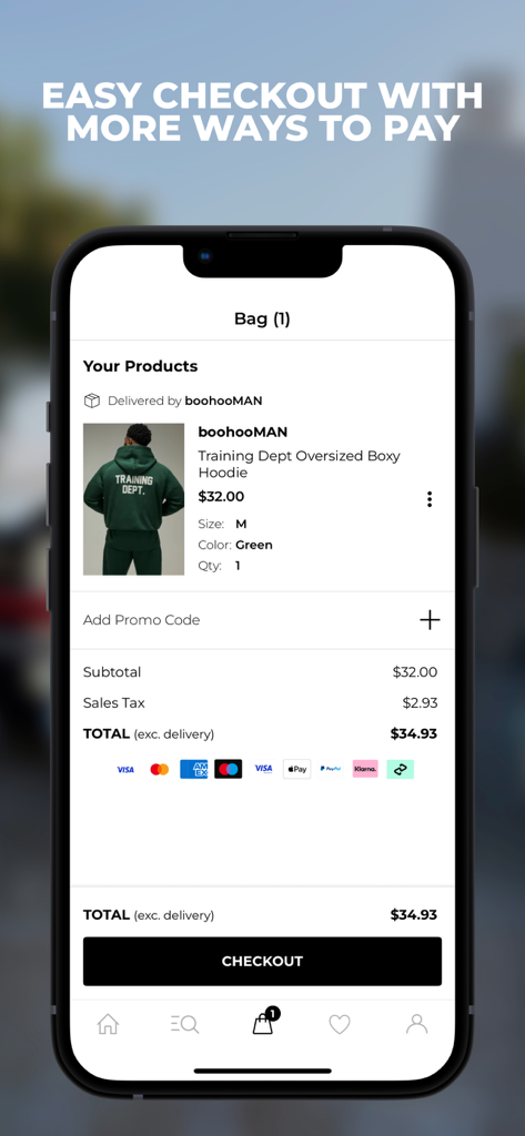 Página de pago de la aplicación BOOHOOMAN mostrando la bolsa de compras y múltiples opciones de pago.