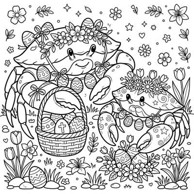 Celebrate Easter with an unexpected and utterly charming duo: our Crustacean Colossi! This delightful coloring page features two friendly crabs adorned with spring flowers and surrounded by beautifully decorated Easter eggs, ready for your creative touch.