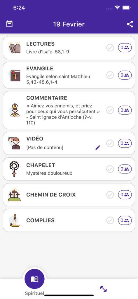 Interface of the Conversio app showing a daily spiritual itinerary with sections for readings, gospel, commentary, and prayers.