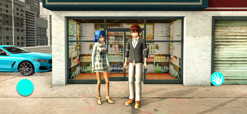 Anime High School Dating Game - Ein Anime-Junge und ein Anime-Mädchen stehen vor einem Geschäft neben einem blauen Sportwagen in einem Highschool-Dating-Simulator