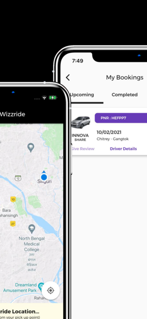 Wizzride - Smartphone screens showing Wizzride app map navigation and shared SUV booking history