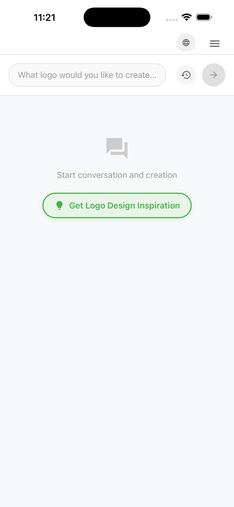 GG AI LogoMaker - Interfaz de chat de la app GG AI LogoMaker con un campo para introducir prompts y un botón de inspiración de diseño de logos.