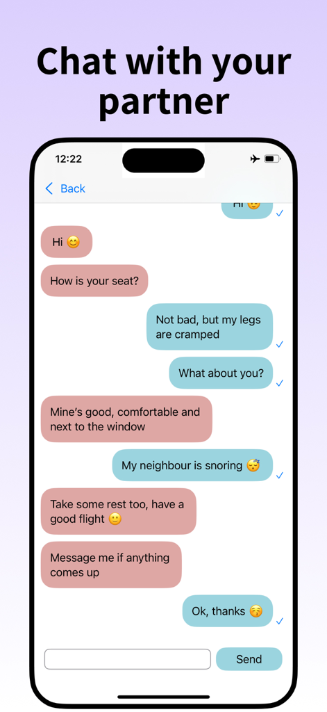 Offline Talk: Bluetooth Chat - A smartphone screen displaying a private Bluetooth chat conversation between two people on a flight.