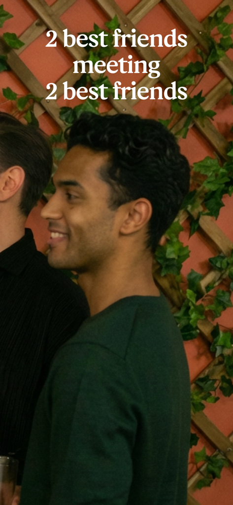 Doubble: Date, Friends, Party - A young man smiling at a social gathering with text 2 best friends meeting 2 best friends