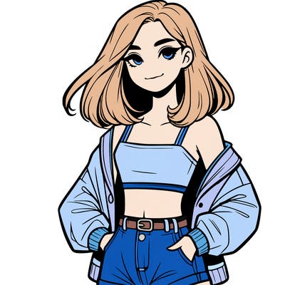 a realistic girl with a crop top and short shorts in an open jacket