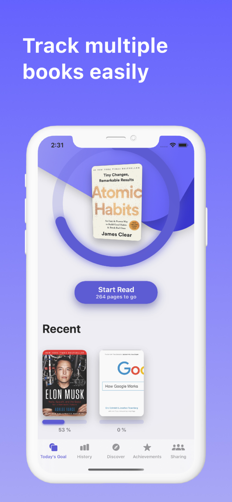 Read - Book Tracker - Mobile app interface of Read Book Tracker showing a reading list with book covers and progress bars