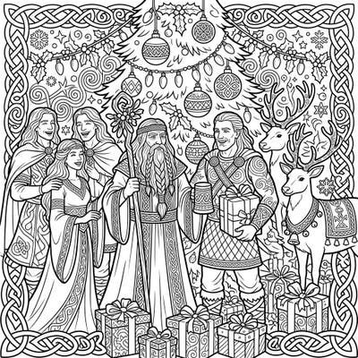 Immerse yourself in a unique holiday fusion with this Celtic Christmas coloring page, combining ancient mystique with festive cheer. Discover a detailed scene featuring historical figures, woodland creatures, and traditional holiday elements awaiting your creative touch.