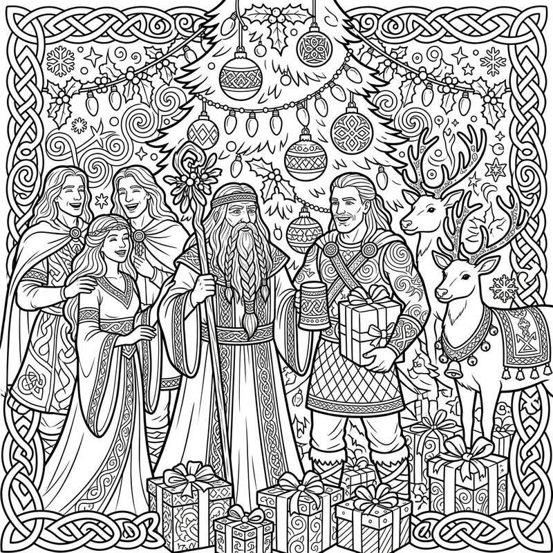 Immerse yourself in a unique holiday fusion with this Celtic Christmas coloring page, combining ancient mystique with festive cheer. Discover a detailed scene featuring historical figures, woodland creatures, and traditional holiday elements awaiting your creative touch.