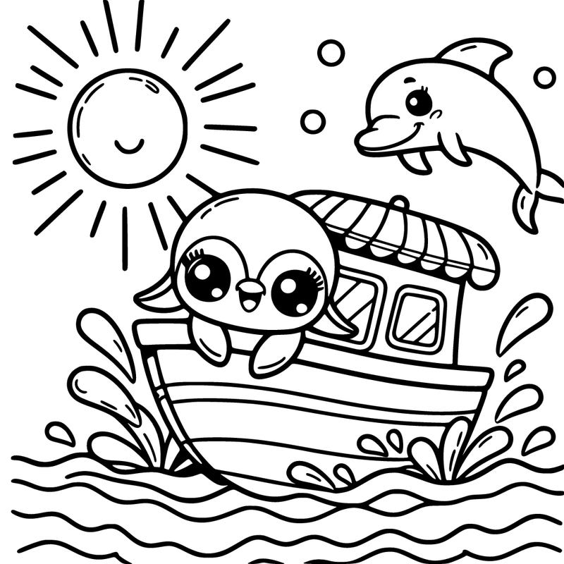 cute boat, 2 eyes shades dolphin jumping , sea, waves sun