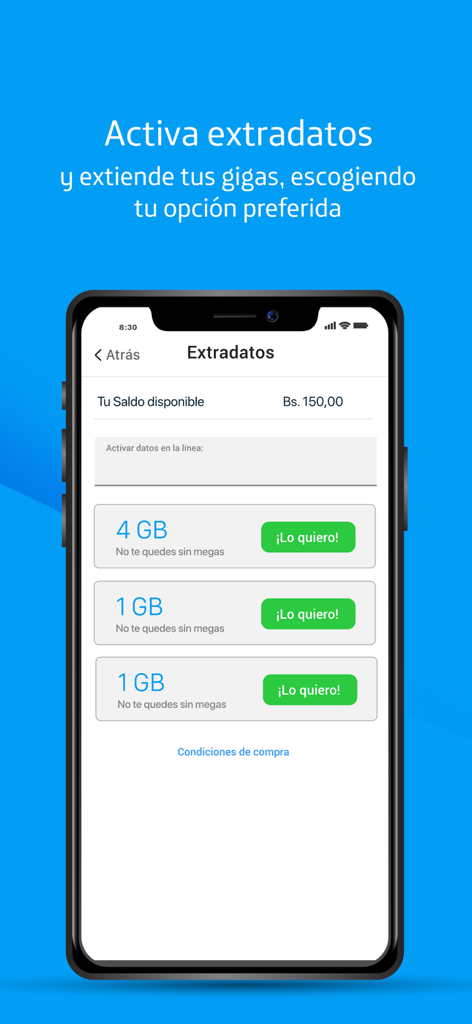 Zusätzliche Datenpakete in der Mi Movistar Venezuela Mobile App kaufen.