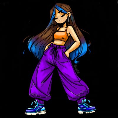 girl in baggy pants crop top and long hair