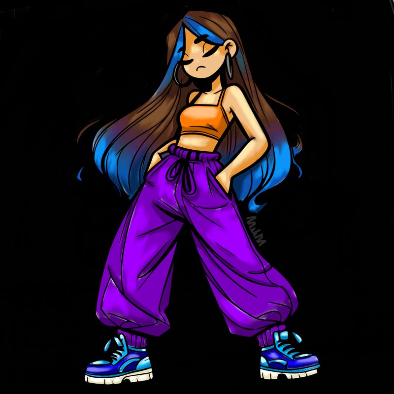 girl in baggy pants crop top and long hair