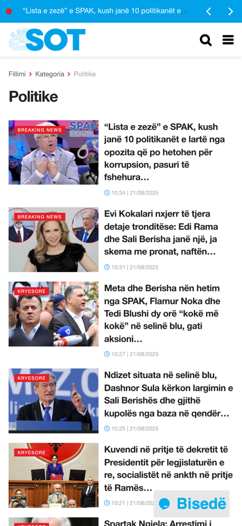 SOT News - Screenshot of the SOT News mobile app showing the politics category with various Albanian news headlines