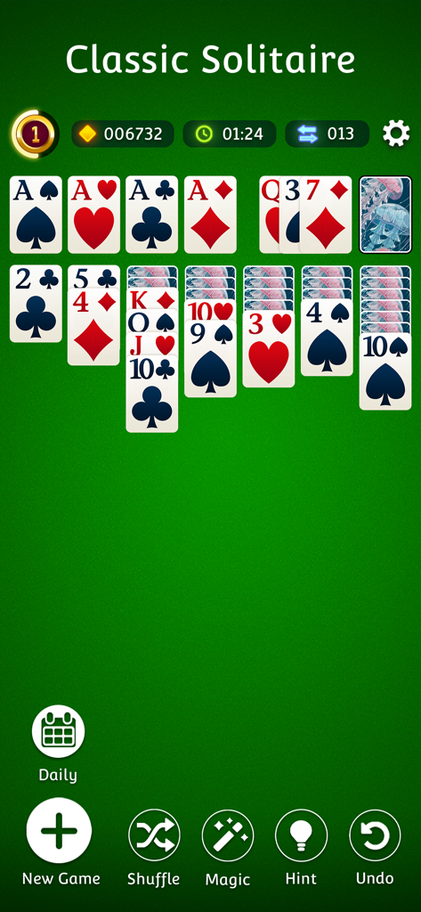 Gameplay screenshot of Classic Solitaire showing cards on a green background with game controls at the bottom