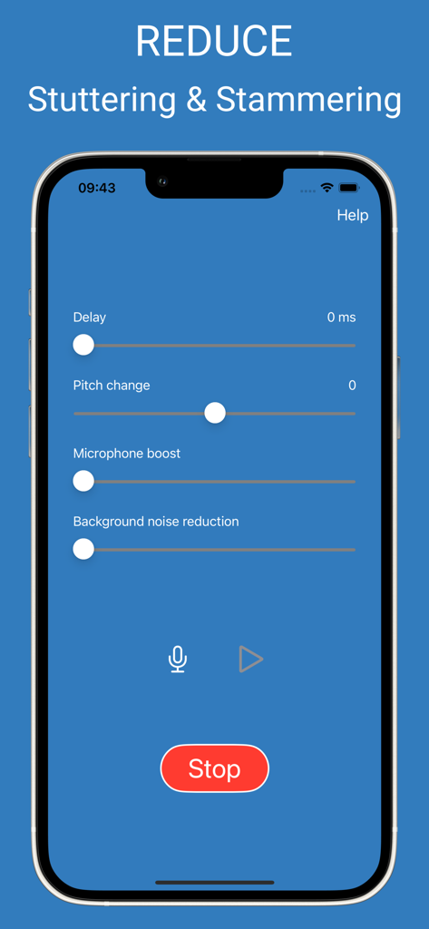 Interface of the DAF Pro app showing sliders for delay and pitch change to reduce stuttering and stammering