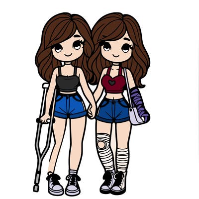 girl with her best friend whearing a crop top and shorts and crutches and cast