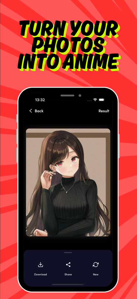 Um celular exibindo um retrato de anime de alta qualidade de uma garota criado usando o aplicativo Anime Maker.