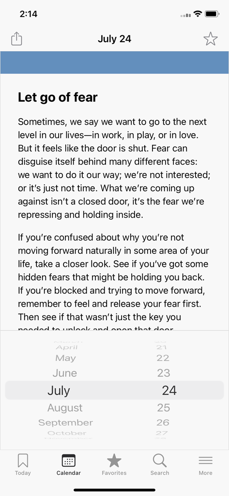 Daily meditation screen with a calendar date selector in the More Language of Letting Go app.