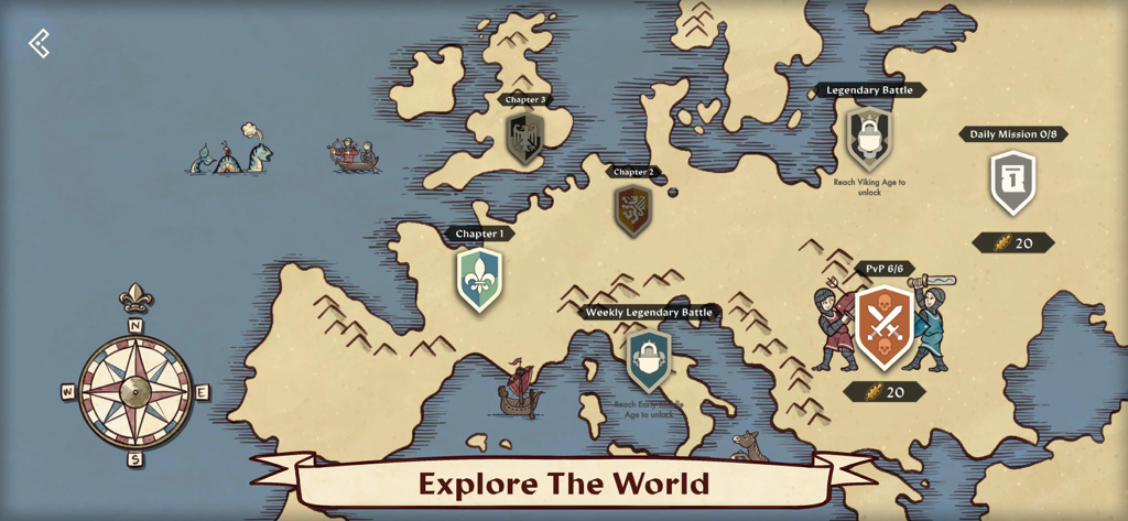 Dawn of Ages: total war battle - Interfaz de mapa mundial histórico en Dawn of Ages que muestra varios capítulos y misiones de batalla medievales.