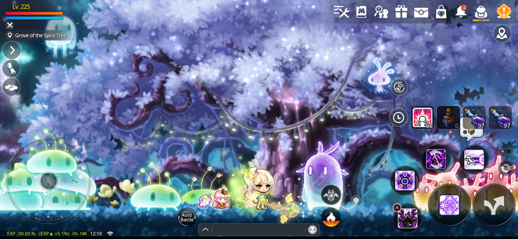 Ein Anime-Charakter, der im magischen Hain des Geistbaums in MapleStory M steht.