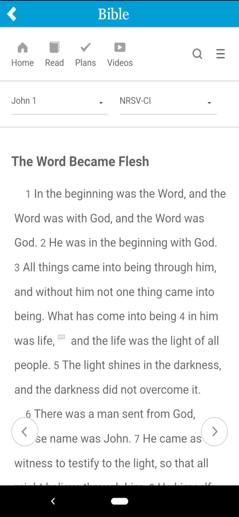 Bible reading interface in the My Catholic Life app displaying the Gospel of John