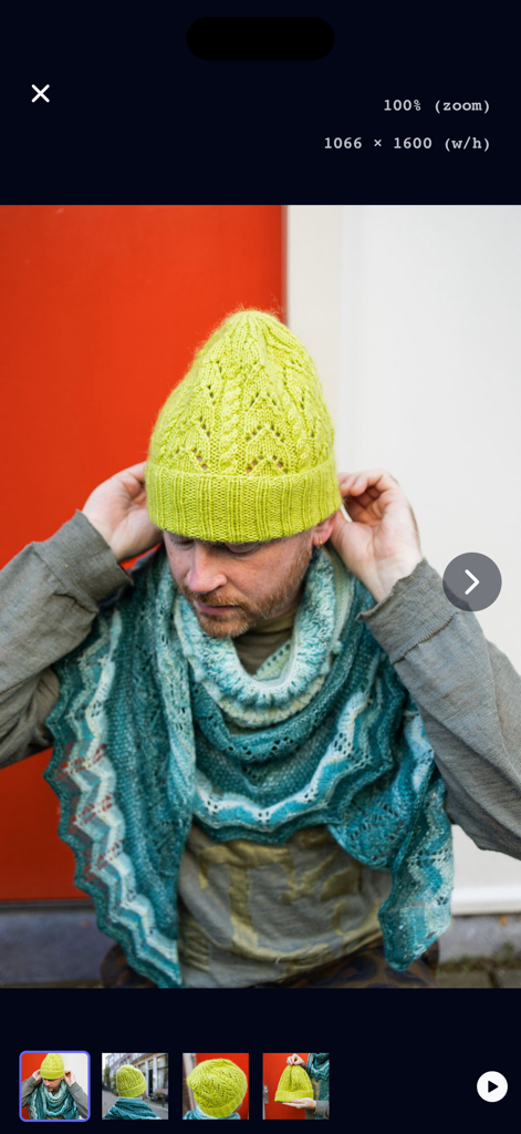 Stash2Go II - 明るい緑色の編み物の帽子と、Ravelryプロジェクトからの詳細なティール色のショールを着用した男性。