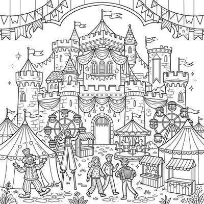 Immerse yourself in the enchanting fusion of a grand fortress and a bustling carnival. This intricate coloring page invites you to bring a world of medieval majesty and circus excitement to life with your colors.