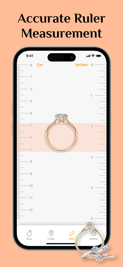 Ring Sizer - Measure Ring Size - An iPhone displaying the Ring Sizer app with a digital ruler measuring the diameter of a physical diamond ring