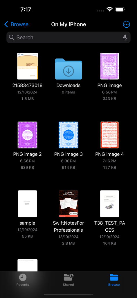 Pink Quran App القران الكريم - A screenshot of the iPhone Files app showing color coded Quran pages saved from the Pink Quran App