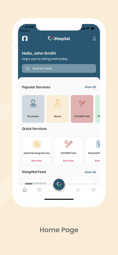 iHospital app home screen displaying healthcare services including physician and nurse visits with booking options