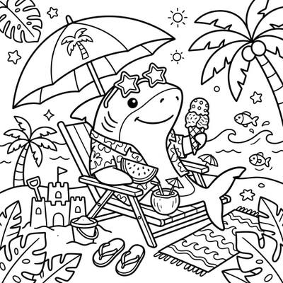 Get ready for a sun-sational adventure with this charming bull shark enjoying a relaxing summer vacation! Perfect for young artists, this delightful page features a friendly shark unwinding on the beach with all the tropical trimmings.