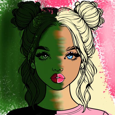 realistic girl with two buns in hair and lips