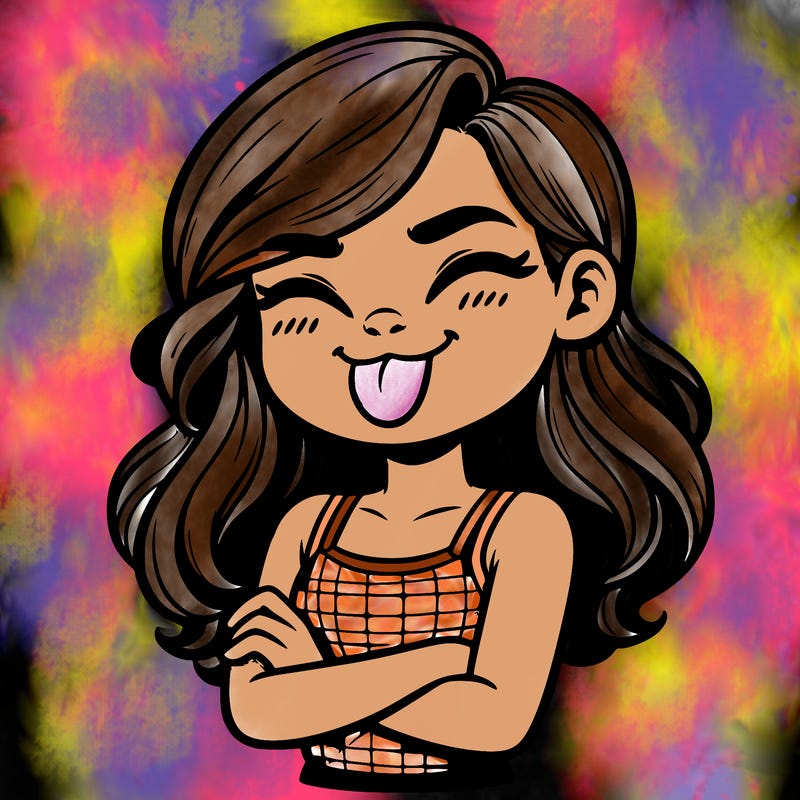 realistic girl crossing her arms and wearing a tank top with her tongue held out she has long hair