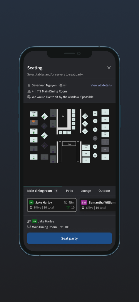 Toast Tables - Interface of Toast Tables showing a restaurant floor plan and server assignment screen for seating a party.