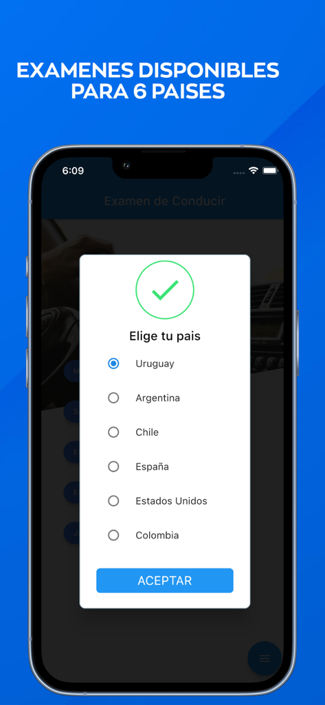 ConducirTest - ConducirTest app screen showing country selection options for driving exams in Spanish