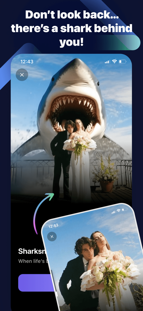 SnapVibe-AI video Generator - AI video transformation showing a giant shark added behind a wedding couple photo