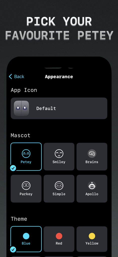 Petey - AI Chat - Petey AI Chat app appearance settings screen showing mascot and theme color customization options